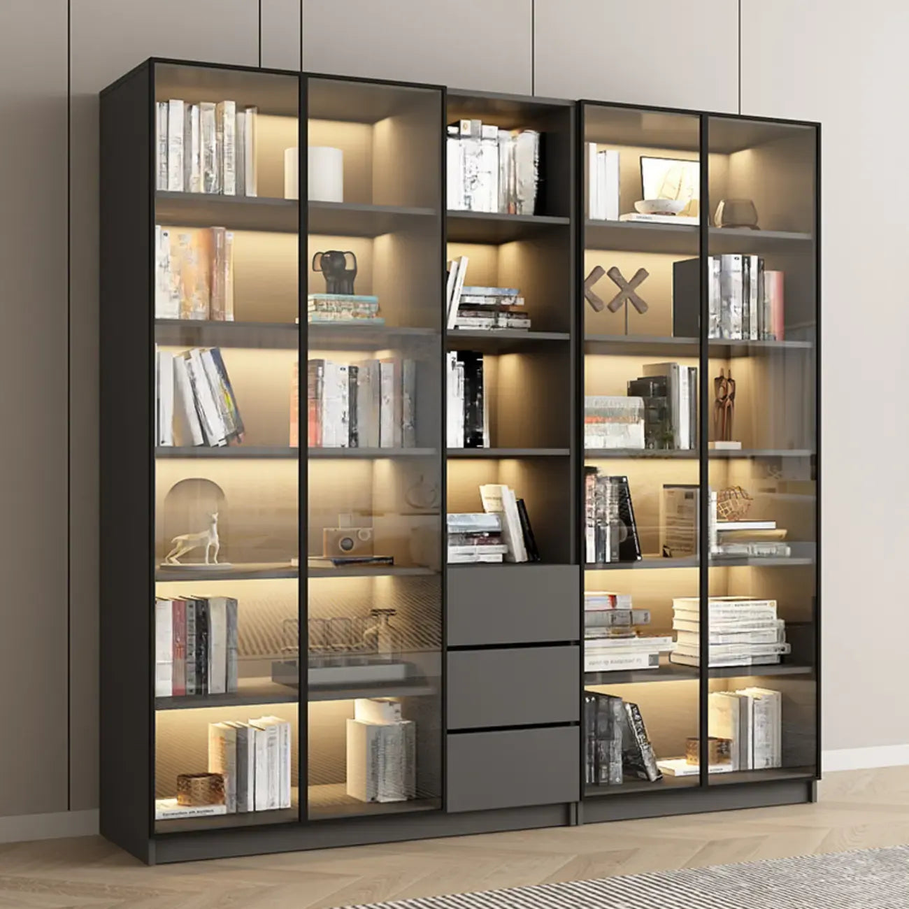 Black Wood Glass Door Storage Standard Display Cabinet