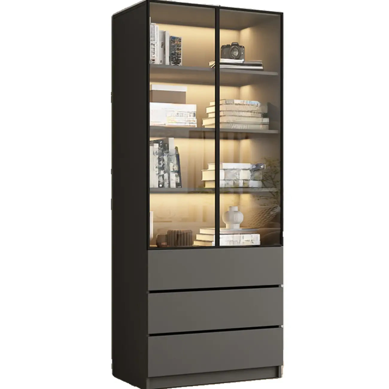 Black Wood Glass Door Storage Standard Display Cabinet