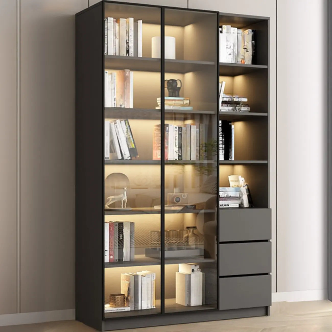 Black Wood Glass Door Storage Standard Display Cabinet