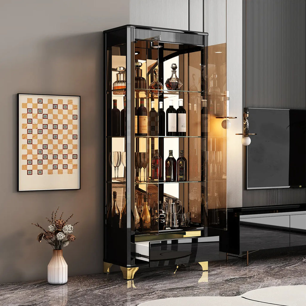 Elegant Black Clear Glass Display Cabinet with Drawers