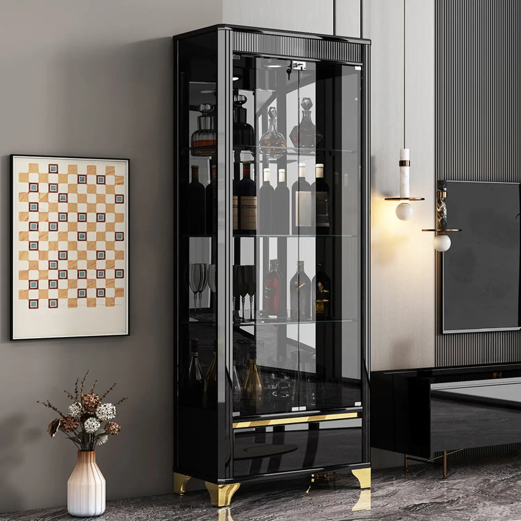 Elegant Black Clear Glass Display Cabinet with Drawers