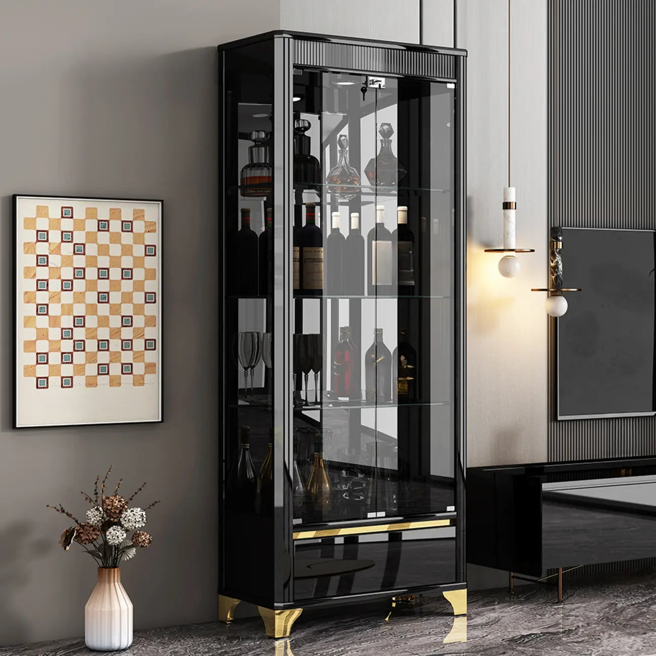 Elegant Black Clear Glass Display Cabinet with Drawers