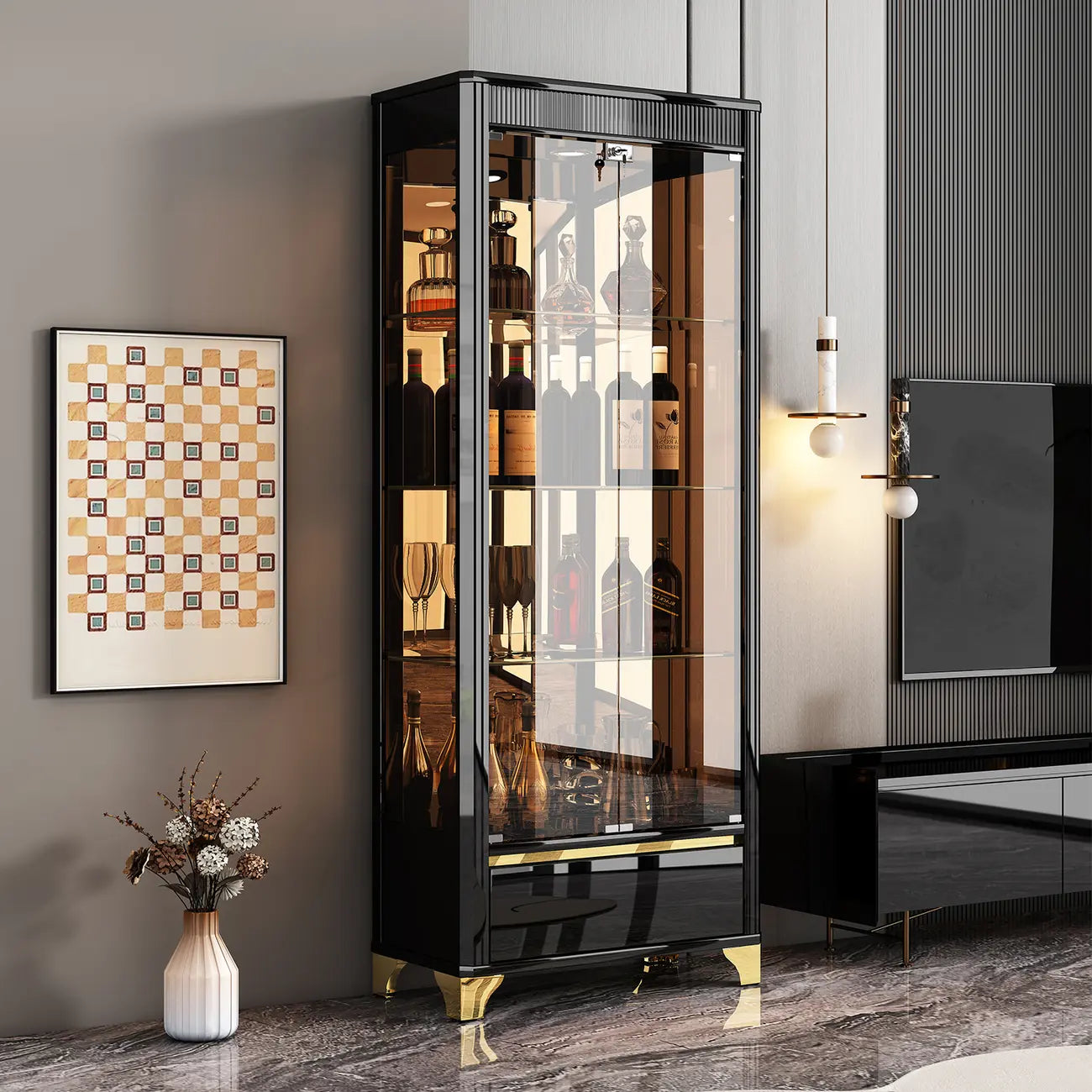 Elegant Black Clear Glass Display Cabinet with Drawers