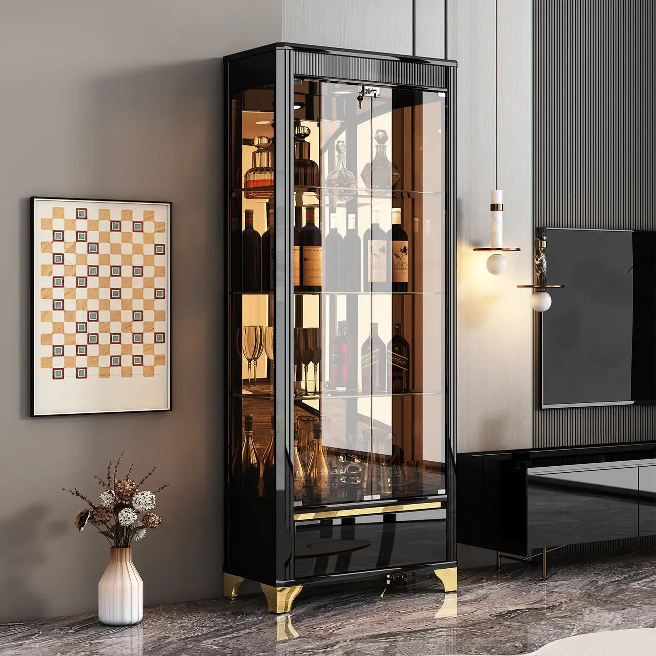 Elegant Black Clear Glass Display Cabinet with Drawers