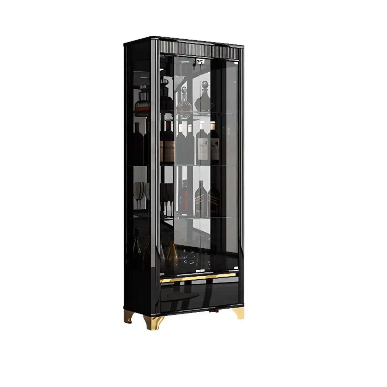 Elegant Black Clear Glass Display Cabinet with Drawers