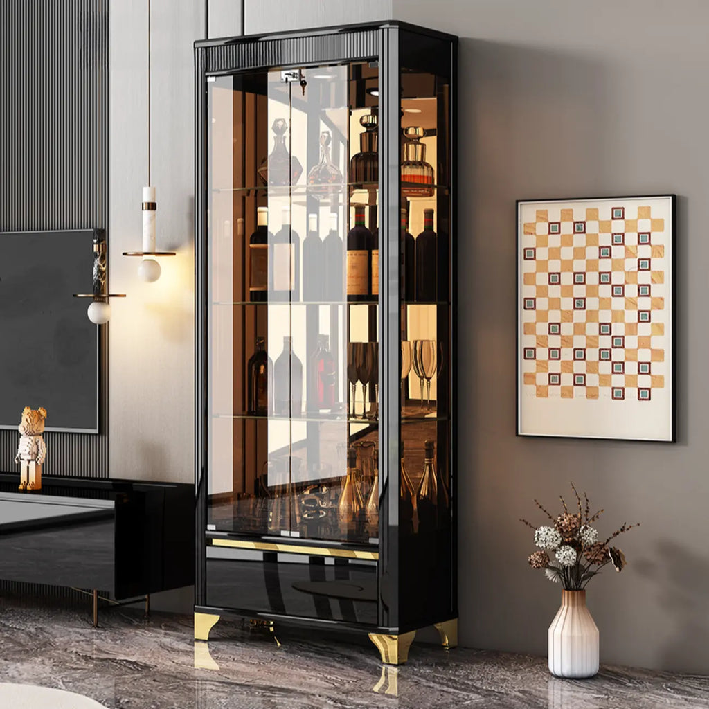 Elegant Black Clear Glass Display Cabinet with Drawers