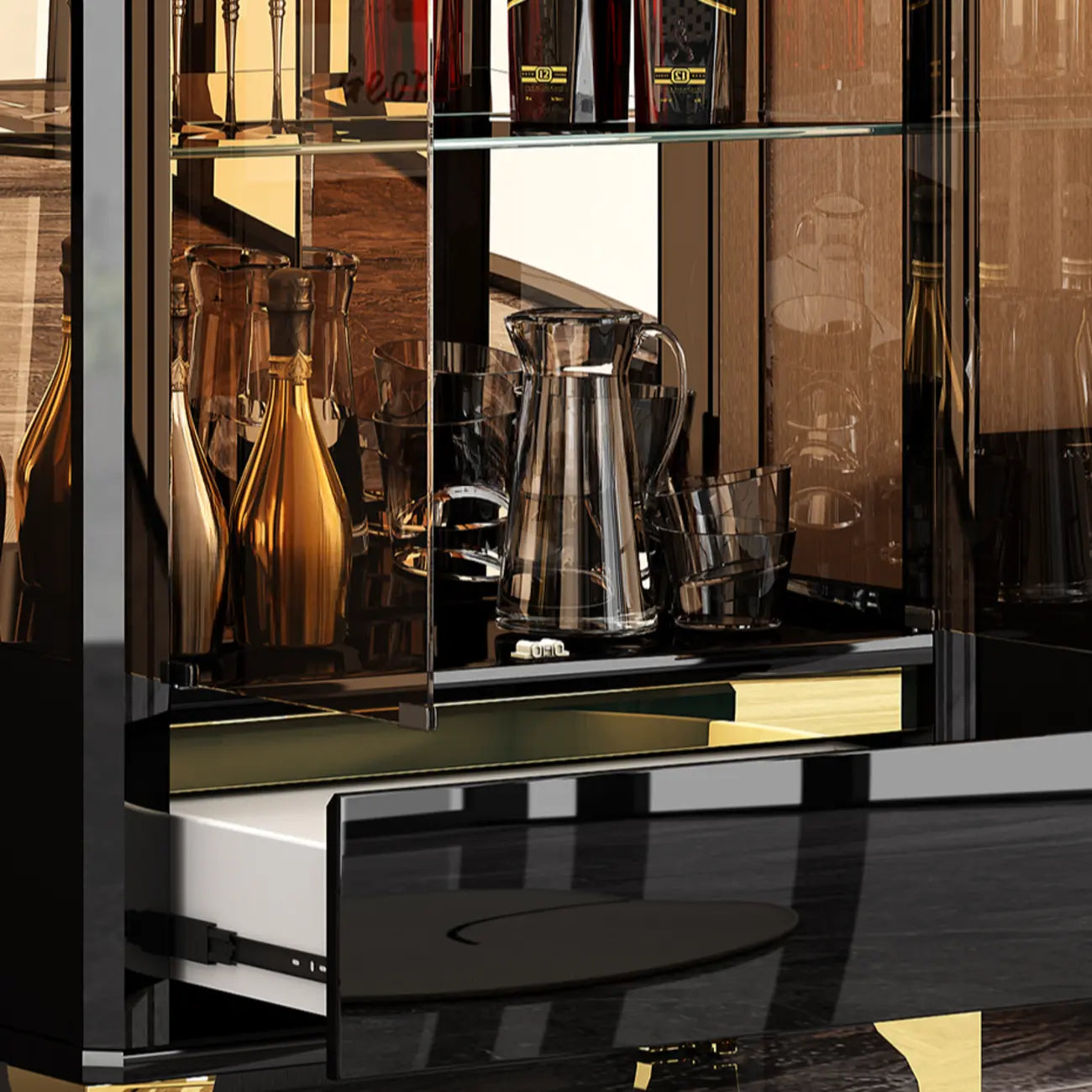 Elegant Black Clear Glass Display Cabinet with Drawers