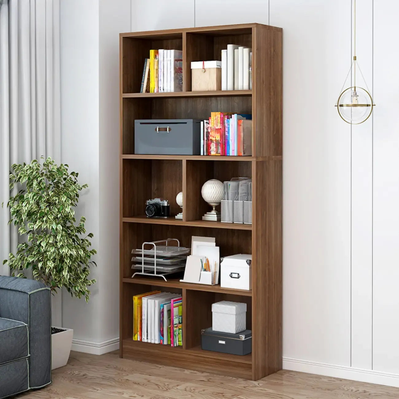 Durable 5-Tier Wooden Bookshelf with Cabinet for Home