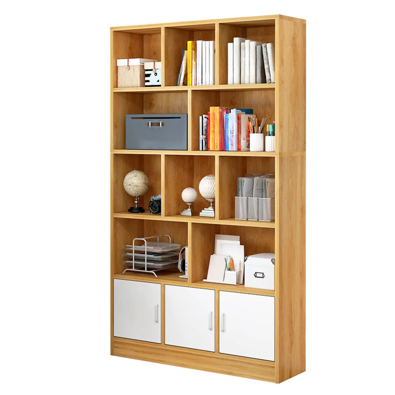 Durable 5-Tier Wooden Bookshelf with Cabinet for Home