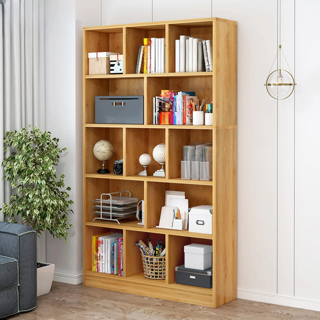 Durable 5-Tier Wooden Bookshelf with Cabinet for Home