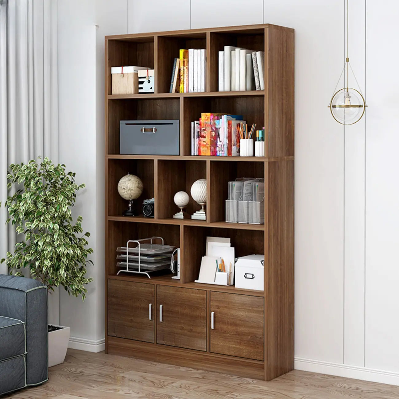 Durable 5-Tier Wooden Bookshelf with Cabinet for Home