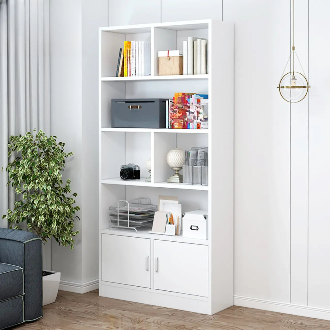 Durable 5-Tier Wooden Bookshelf with Cabinet for Home