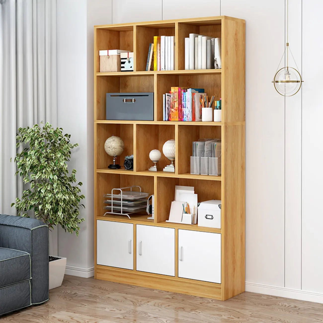 Durable 5-Tier Wooden Bookshelf with Cabinet for Home