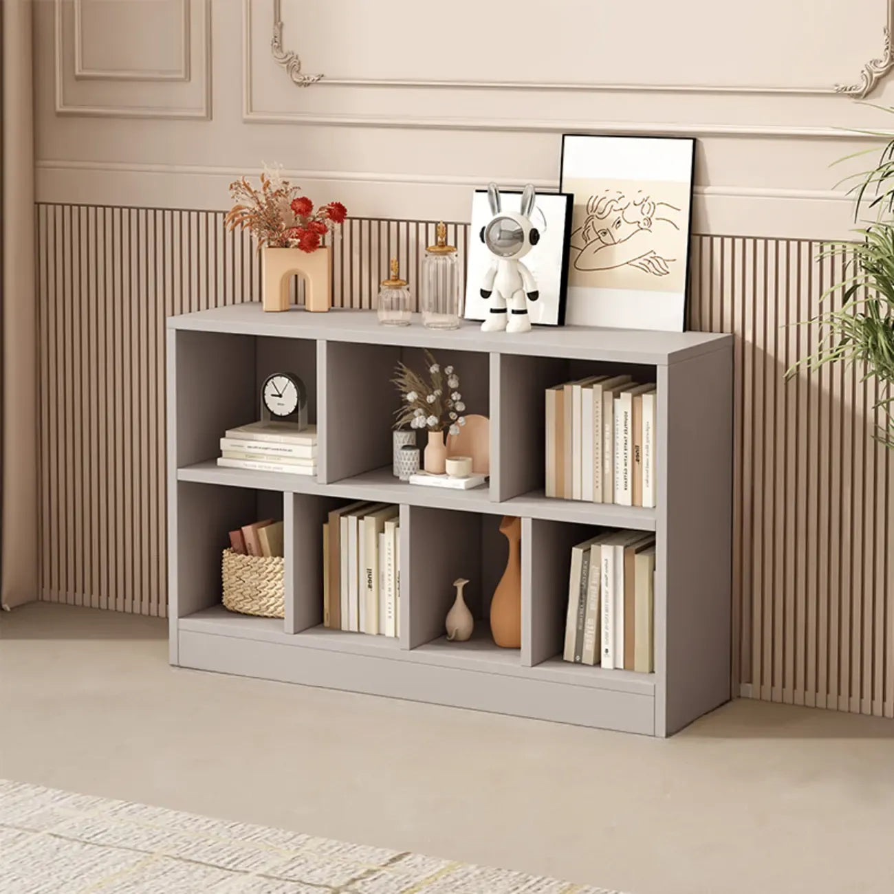 Modern Gray Wooden Horizontal Office Bookcase with Shelves