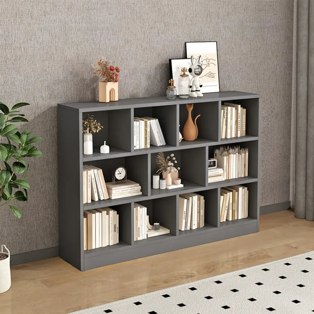 Modern Gray Wooden Horizontal Office Bookcase with Shelves