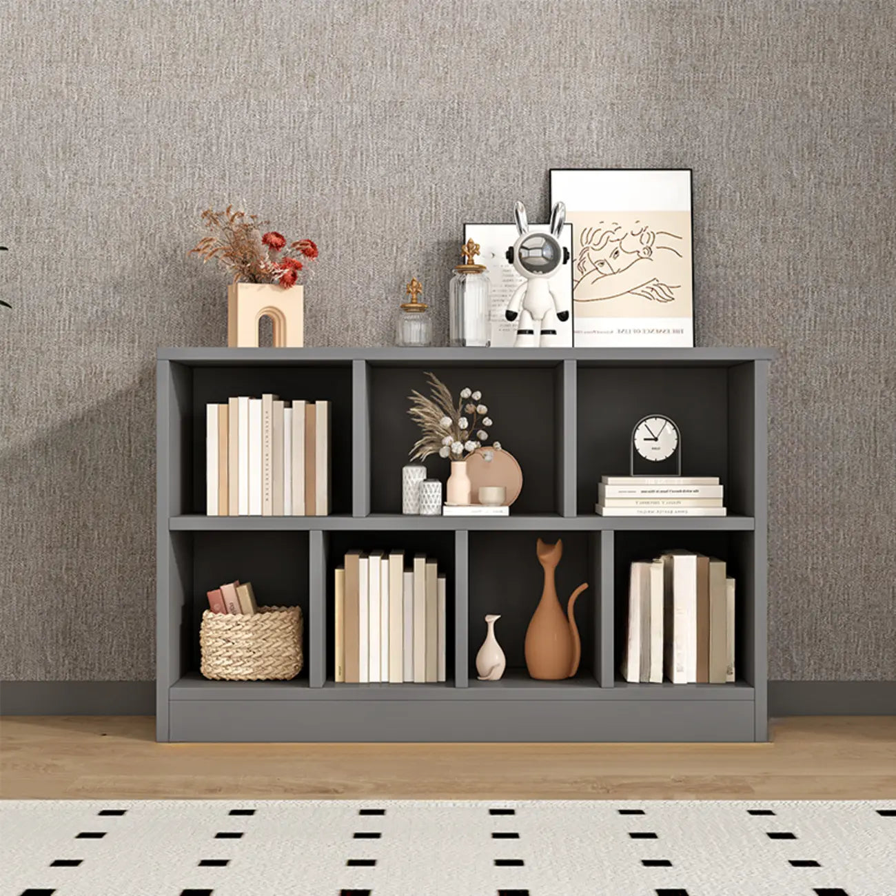 Modern Gray Wooden Horizontal Office Bookcase with Shelves