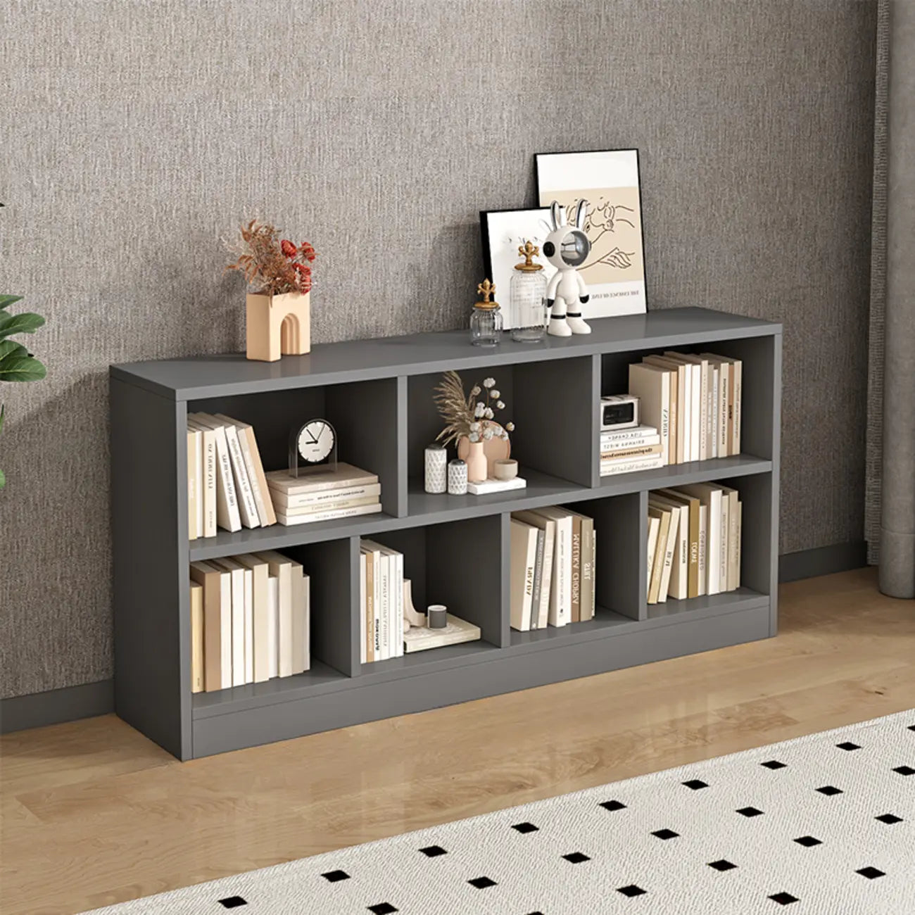 Modern Gray Wooden Horizontal Office Bookcase with Shelves