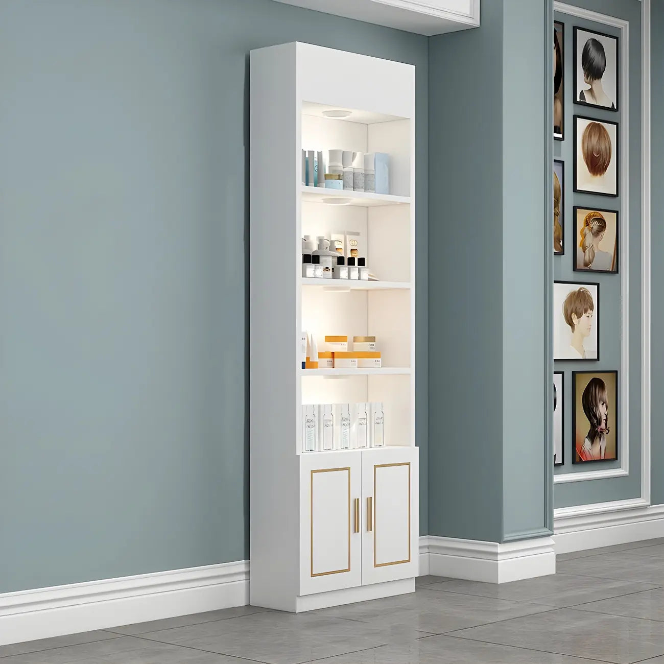White Rectangle Large Wood Open Display Cabinet