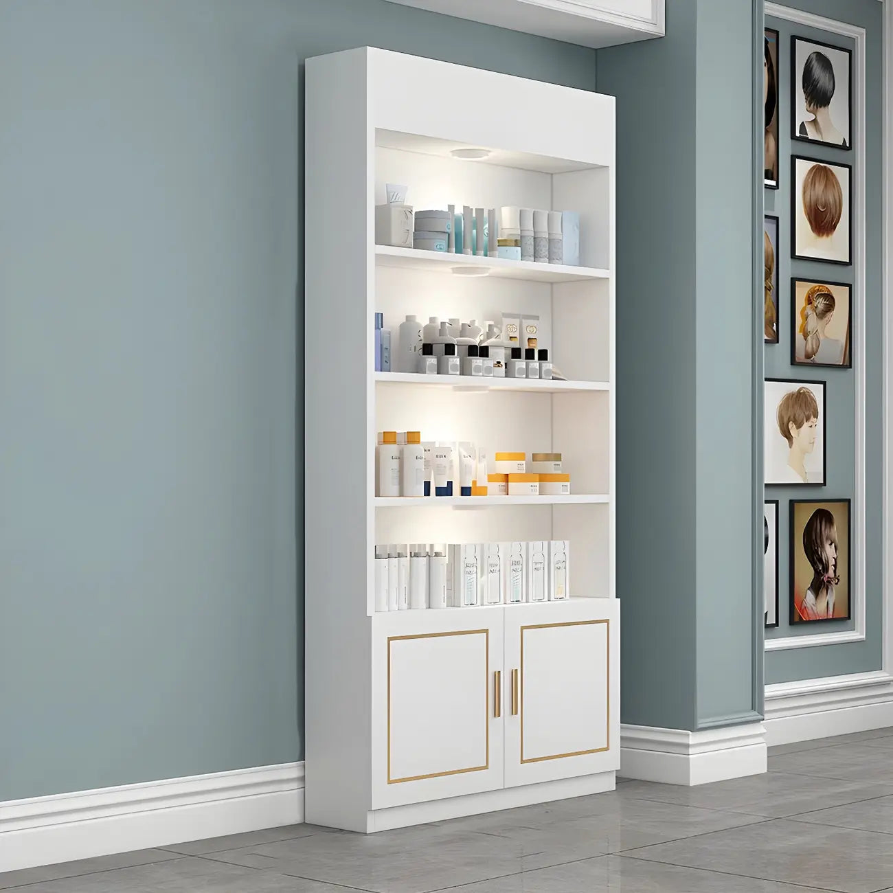 White Rectangle Large Wood Open Display Cabinet