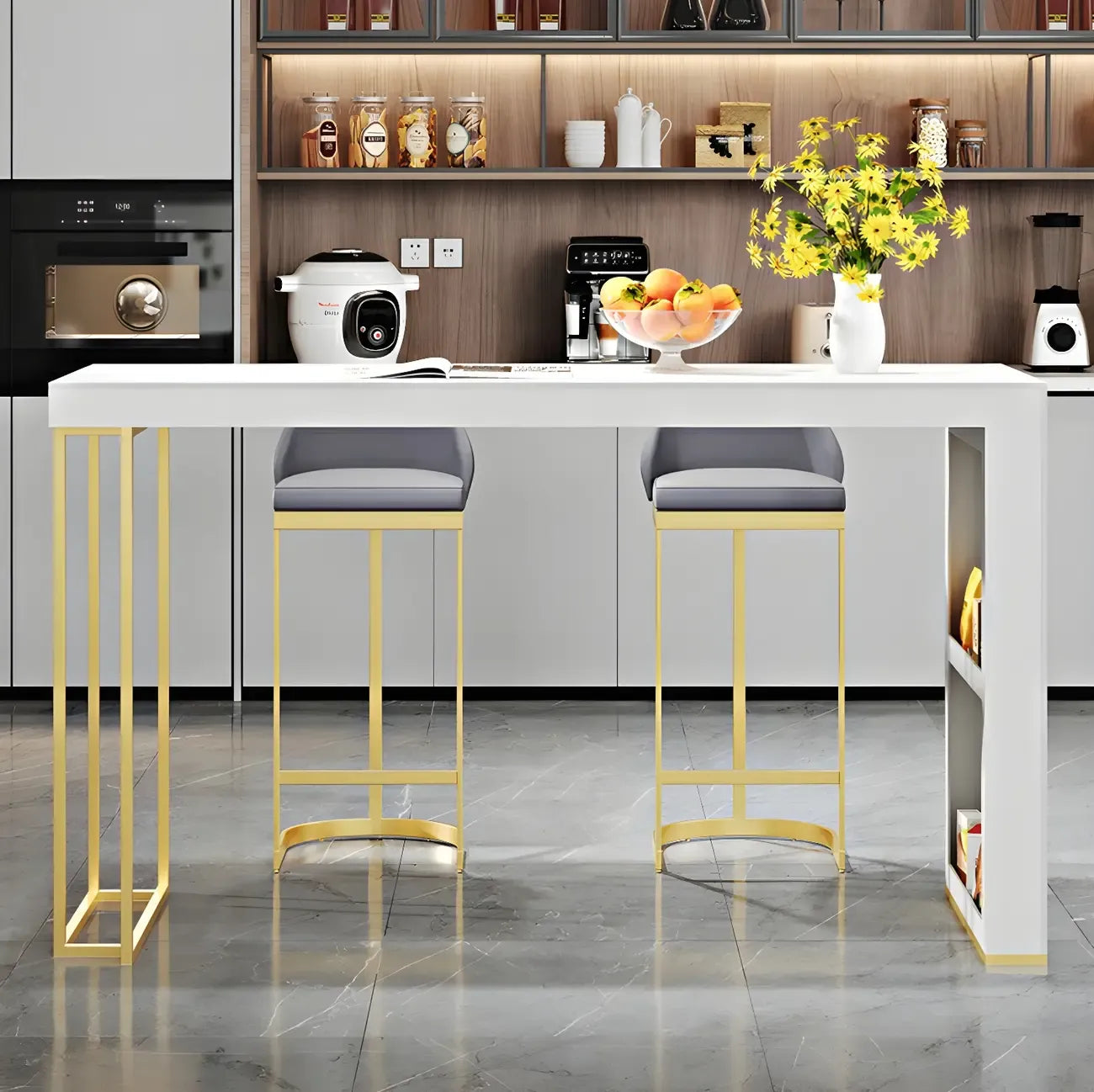 Modern White Stone Gold Metal Bar Table with Storage