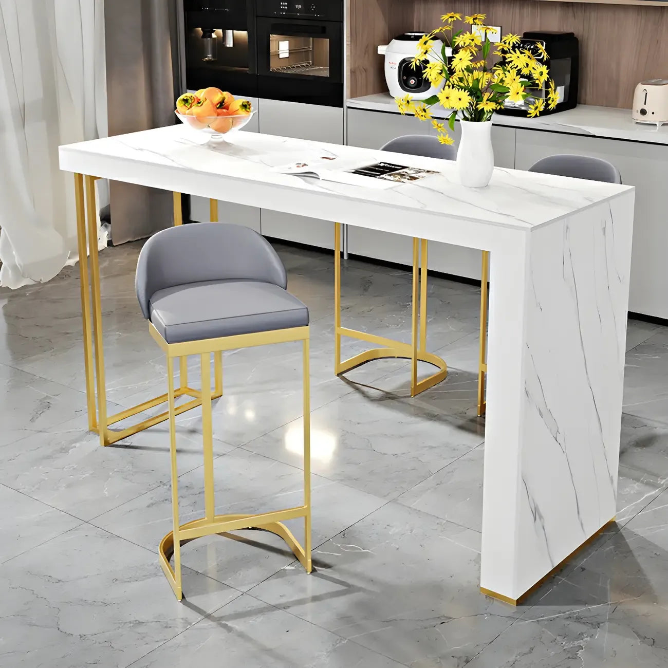 Modern White Stone Gold Metal Bar Table with Storage