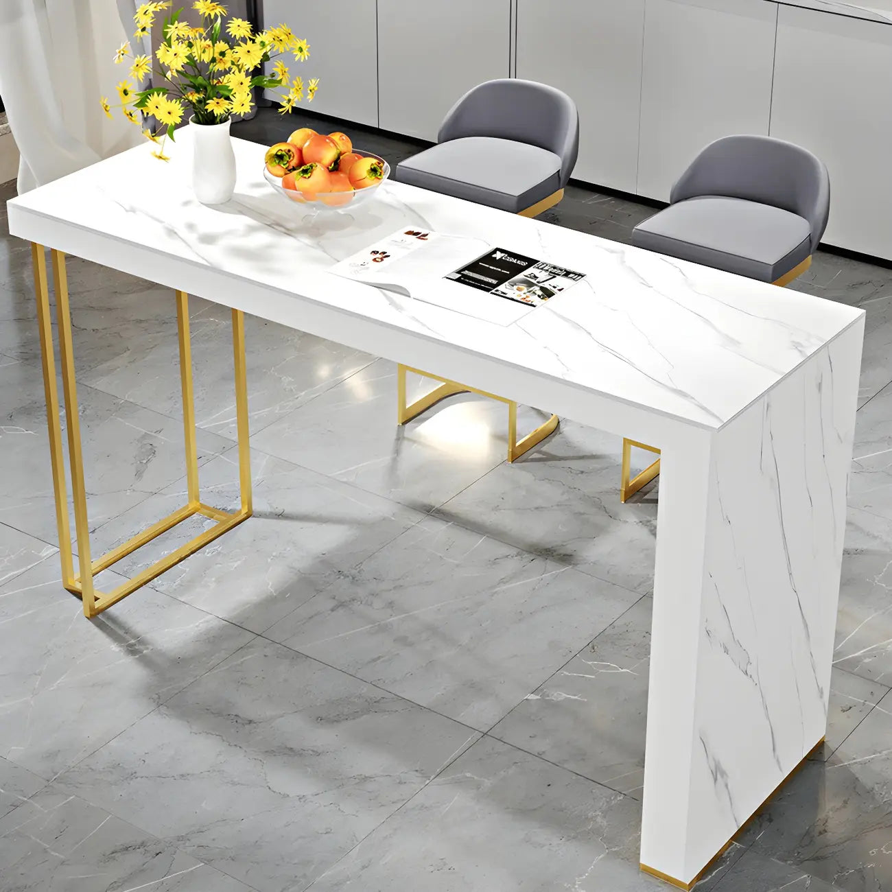 Modern White Stone Gold Metal Bar Table with Storage