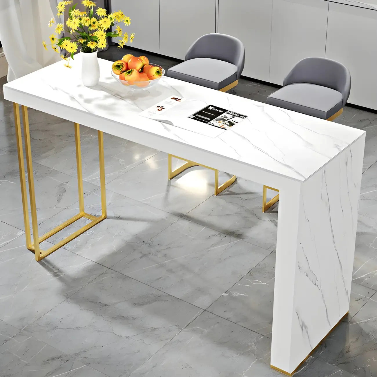 Modern White Stone Gold Metal Bar Table with Storage