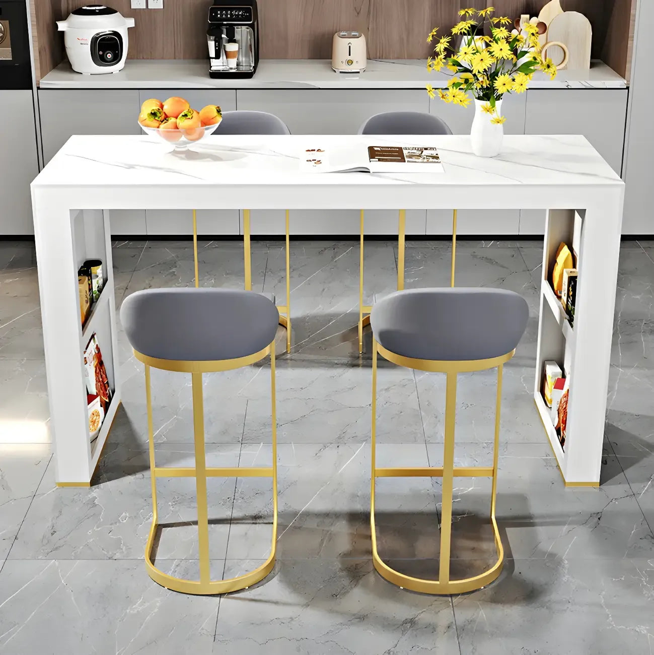 Modern White Stone Gold Metal Bar Table with Storage