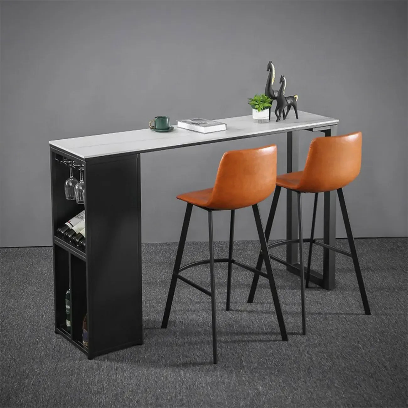 Modern Stone Metal Wine Storage Bar Tables with Cup Holder