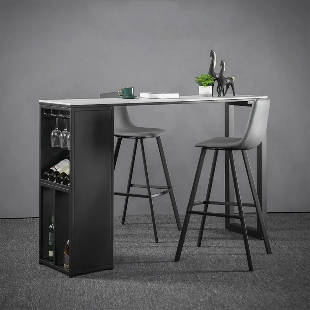 Modern Stone Metal Wine Storage Bar Tables with Cup Holder