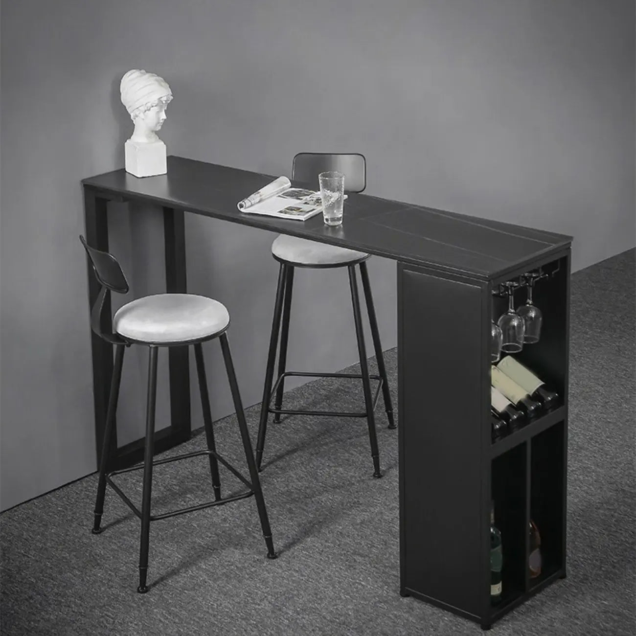 Modern Stone Metal Wine Storage Bar Tables with Cup Holder