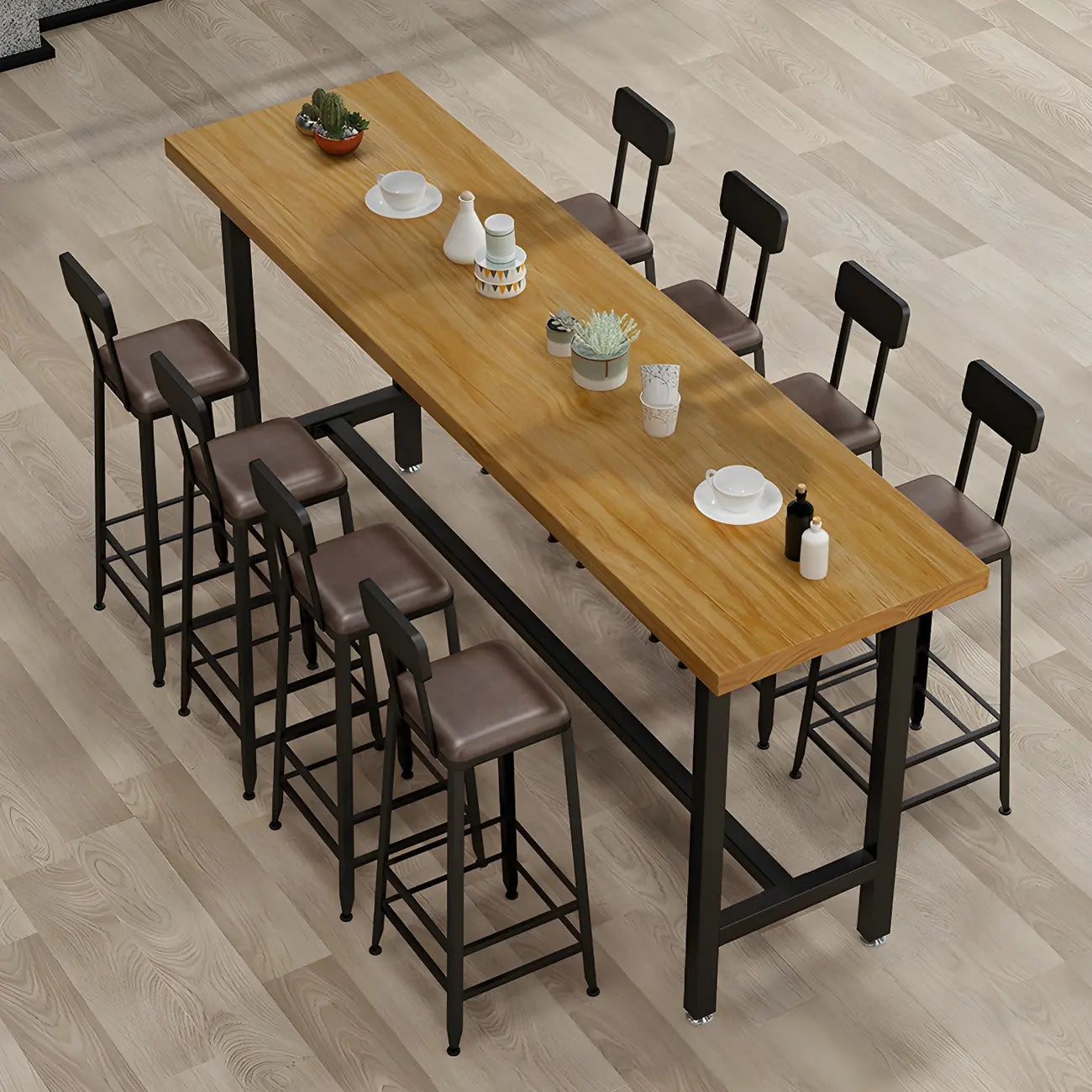 Rectangular Iron Frame Trestle Wood Bar Table with Footrest