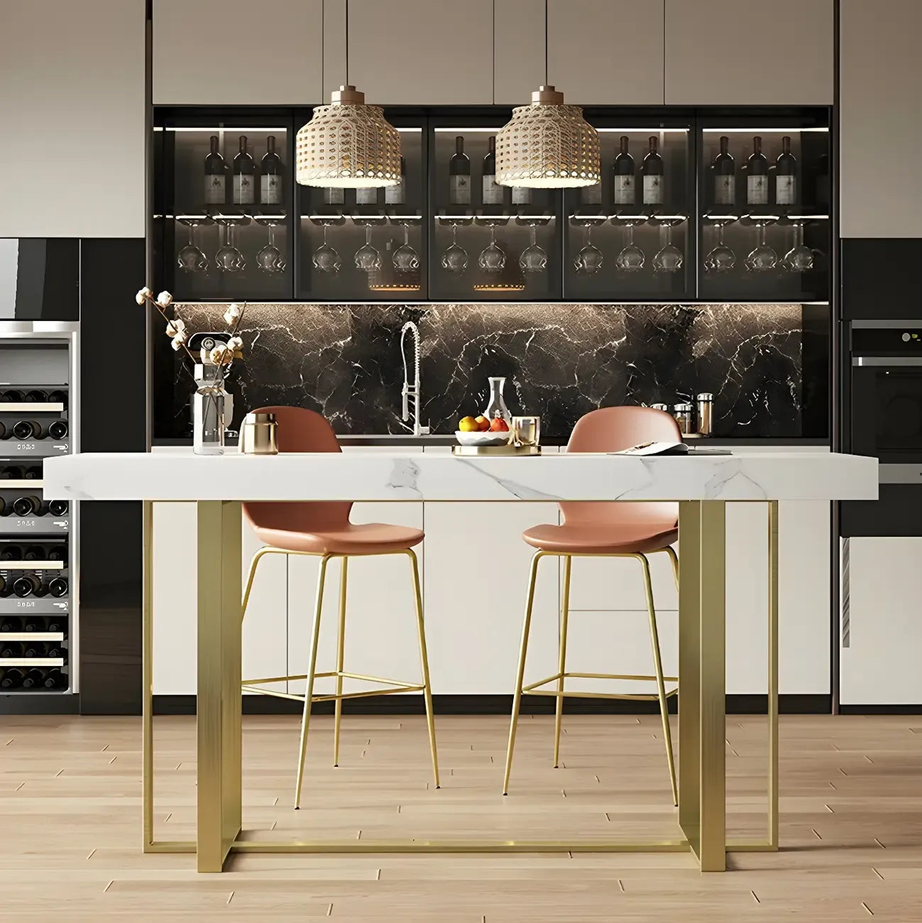 Glamorous White Stone Top Gold Metal Trestle Bar Table