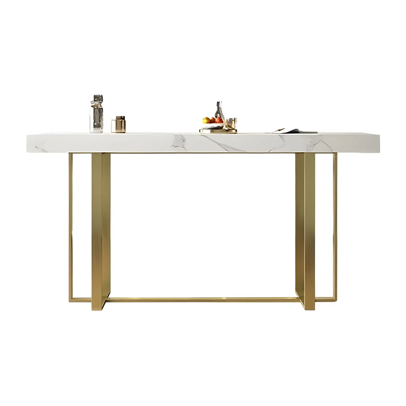Glamorous White Stone Top Gold Metal Trestle Bar Table