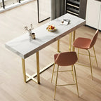 Glamorous White Stone Top Gold Metal Trestle Bar Table