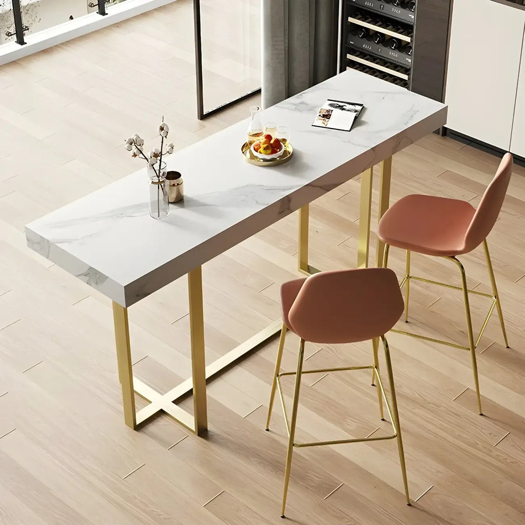 Glamorous White Stone Top Gold Metal Trestle Bar Table