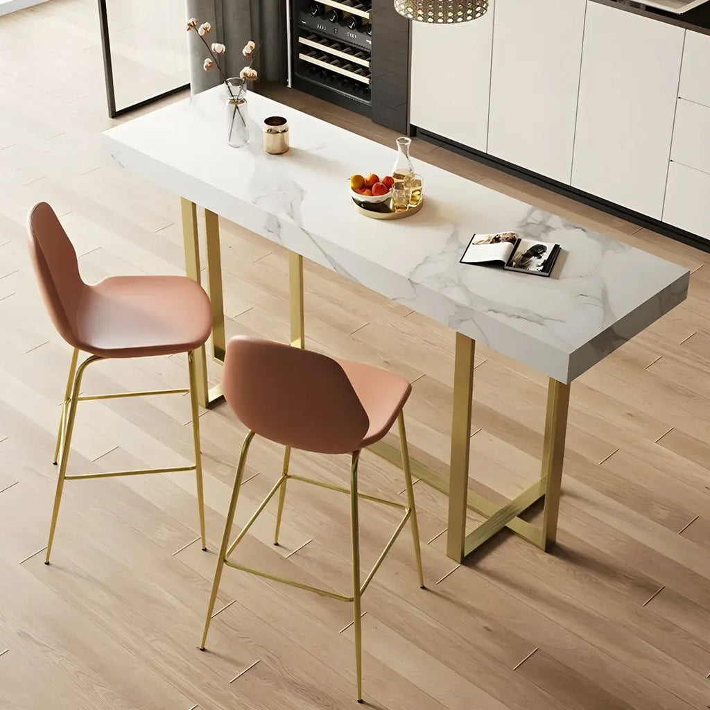 Glamorous White Stone Top Gold Metal Trestle Bar Table