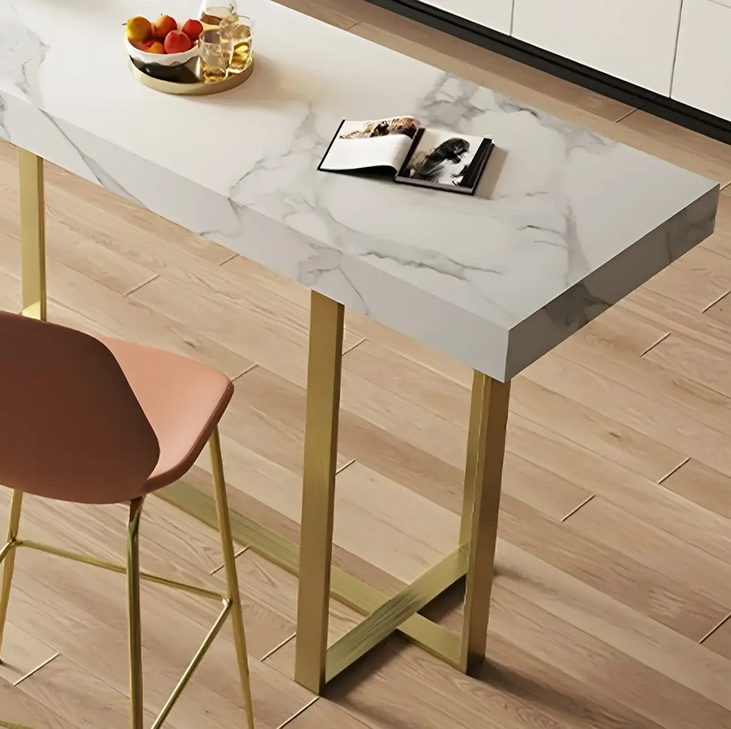 Glamorous White Stone Top Gold Metal Trestle Bar Table