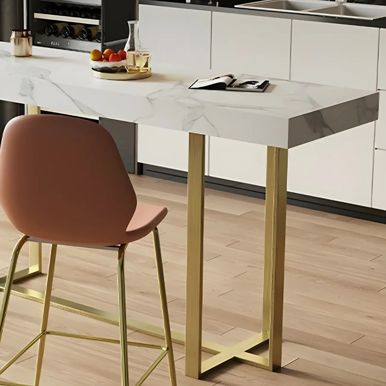 Glamorous White Stone Top Gold Metal Trestle Bar Table