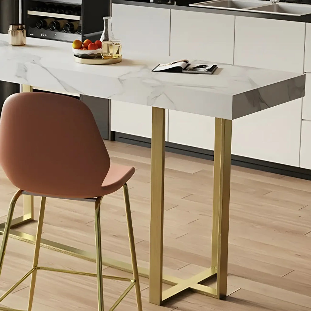 Glamorous White Stone Top Gold Metal Trestle Bar Table
