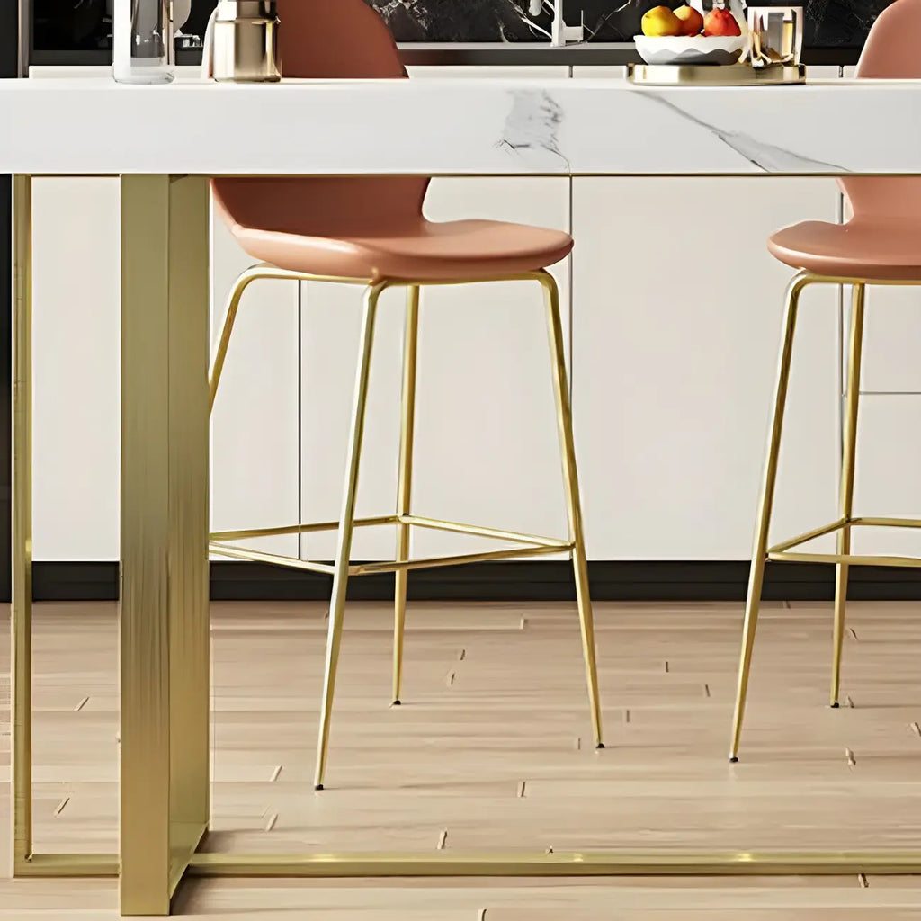 Glamorous White Stone Top Gold Metal Trestle Bar Table