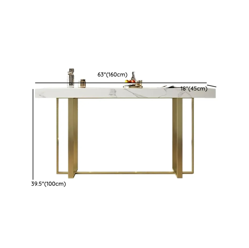 Glamorous White Stone Top Gold Metal Trestle Bar Table