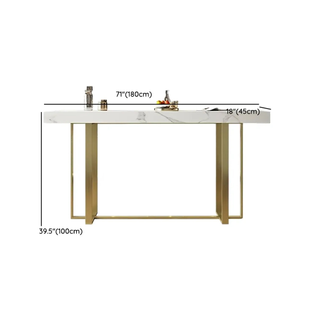 Glamorous White Stone Top Gold Metal Trestle Bar Table