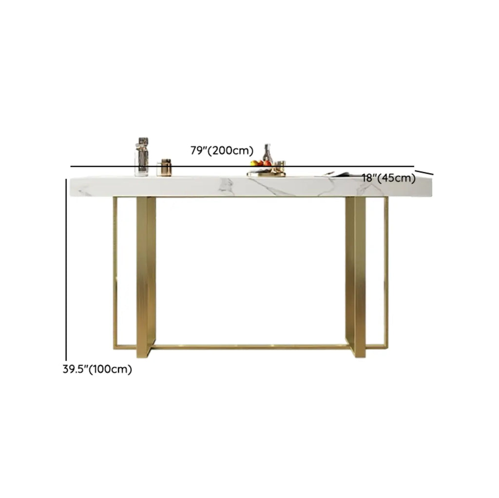 Glamorous White Stone Top Gold Metal Trestle Bar Table