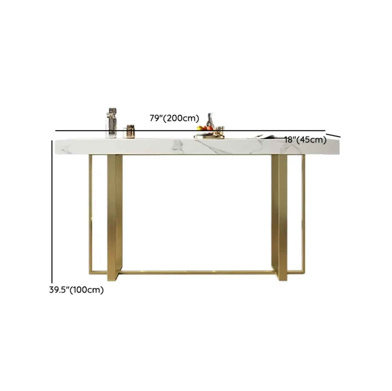 Glamorous White Stone Top Gold Metal Trestle Bar Table