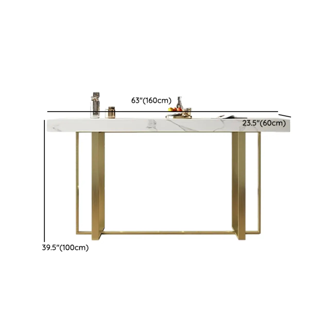 Glamorous White Stone Top Gold Metal Trestle Bar Table