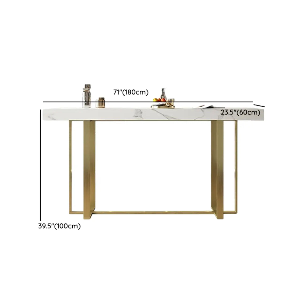Glamorous White Stone Top Gold Metal Trestle Bar Table