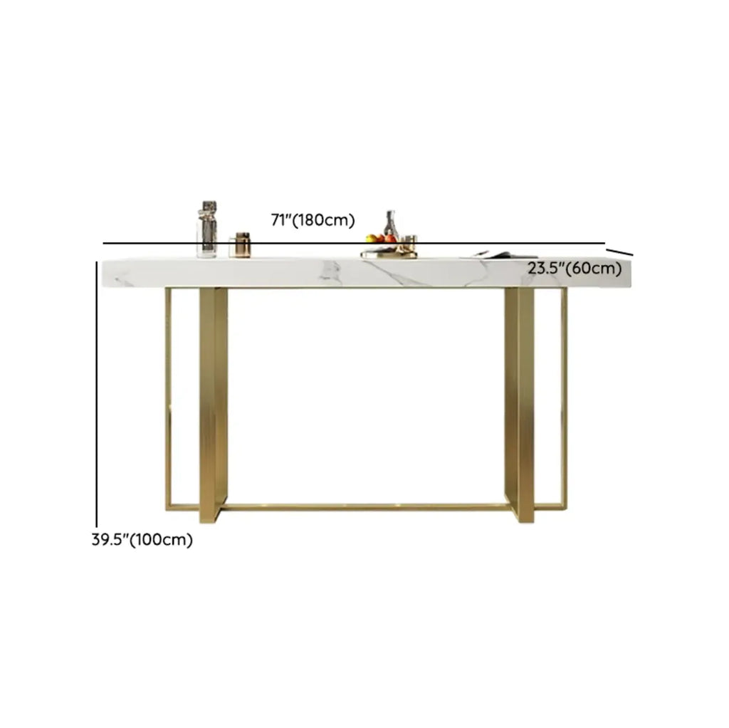 Glamorous White Stone Top Gold Metal Trestle Bar Table
