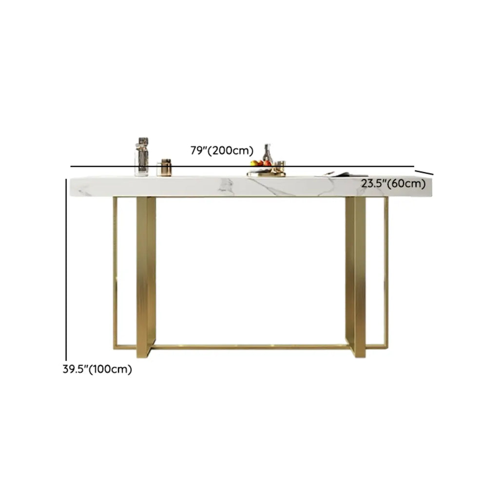 Glamorous White Stone Top Gold Metal Trestle Bar Table