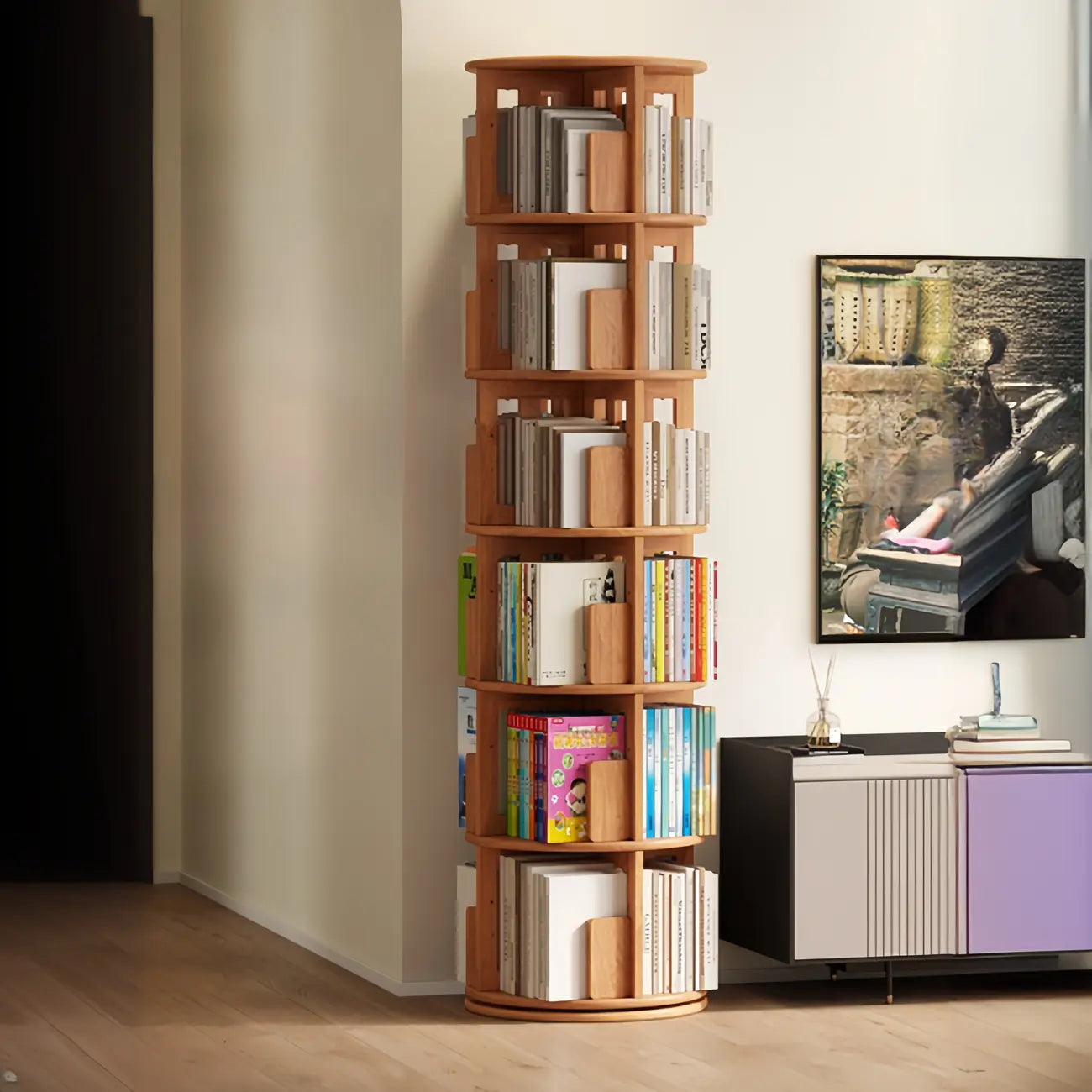 Narrow Cherry Wood Vertical 6 Shelf Rotating Bookshelf